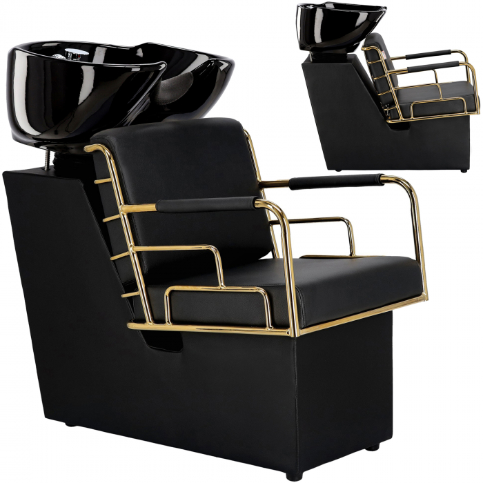 Set Mobilier frizerie cu 1 post de lucru coafor, scaun frizerie profesional, scafa, Negru cu Gold [2]