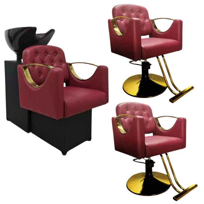 Set Mobilier Frizerie Rosu Bordo & Auriu – Scafă + 2 Scaune coafor rosii de Lux [1]