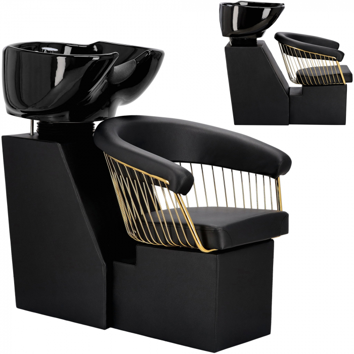 Set mobilier pentru frizerie si coafor cu 2 scaune coafor si unitate de spalare, Negru cu Gold [8]