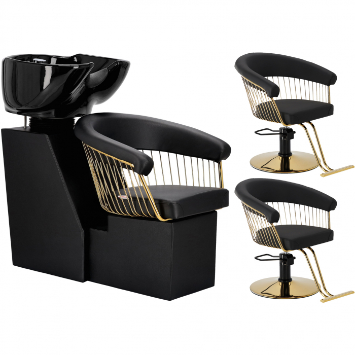 Set mobilier pentru frizerie si coafor cu 2 scaune coafor si unitate de spalare, Negru cu Gold [4]