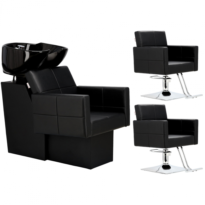 Set mobilier pentru salon coafor cu scafa profesionala, 2 scaune frizerie si Oglinzi LED, Negru cu Argintiu [5]