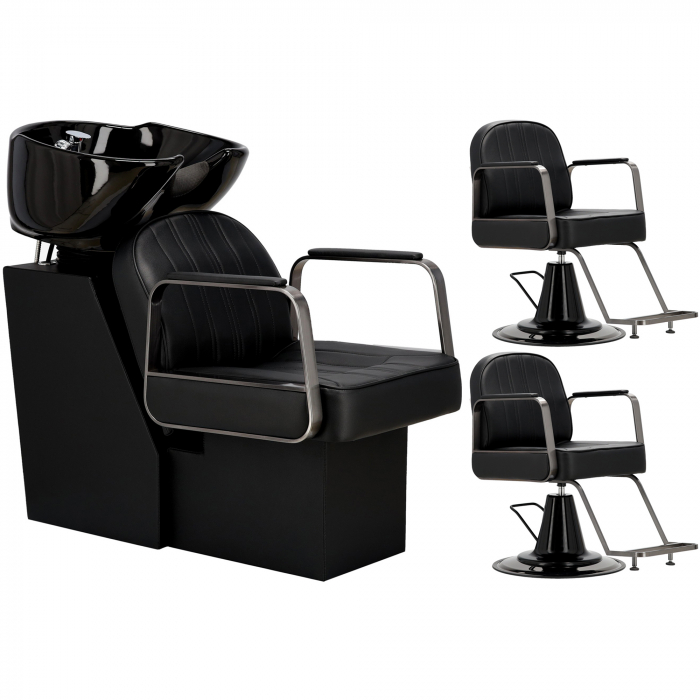 Set mobilier salon coafor cu scafa profesionala, 2 scaune frizerie si Oglinzi LED, Negru cu Argintiu [6]