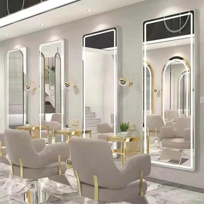 Set mobilier salon coafor cu scafa profesionala, 2 scaune frizerie si Oglinzi LED, Negru cu Argintiu [7]