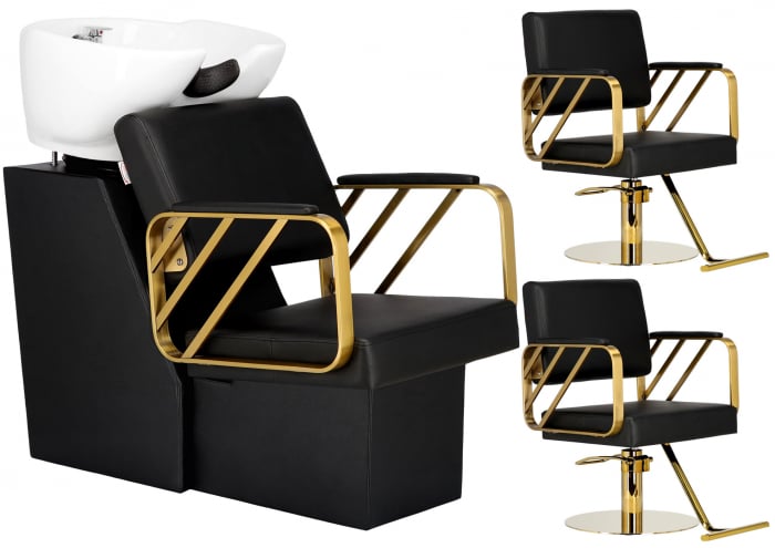 Set Mobilier salon frizerie cu 2 scaune coafor, 1 scafa, 2 oglinzi Led cu Auriu [2]