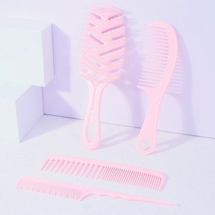 Set perie coafor curbata cu 3 piepteni frizerie, Roz [4]