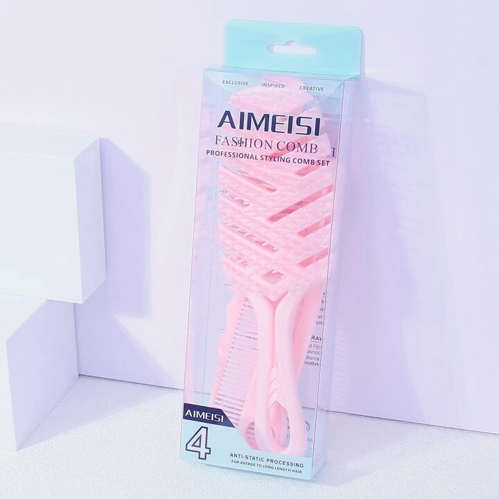 Set perie coafor curbata cu 3 piepteni frizerie, Roz [3]