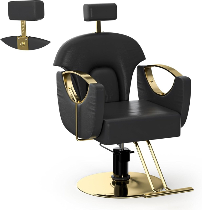 Set Scafa cu 2 scaune frizerie, rabatabile cu tetiera, negru cu auriu, 2 oglinzi LED si ucenic [7]