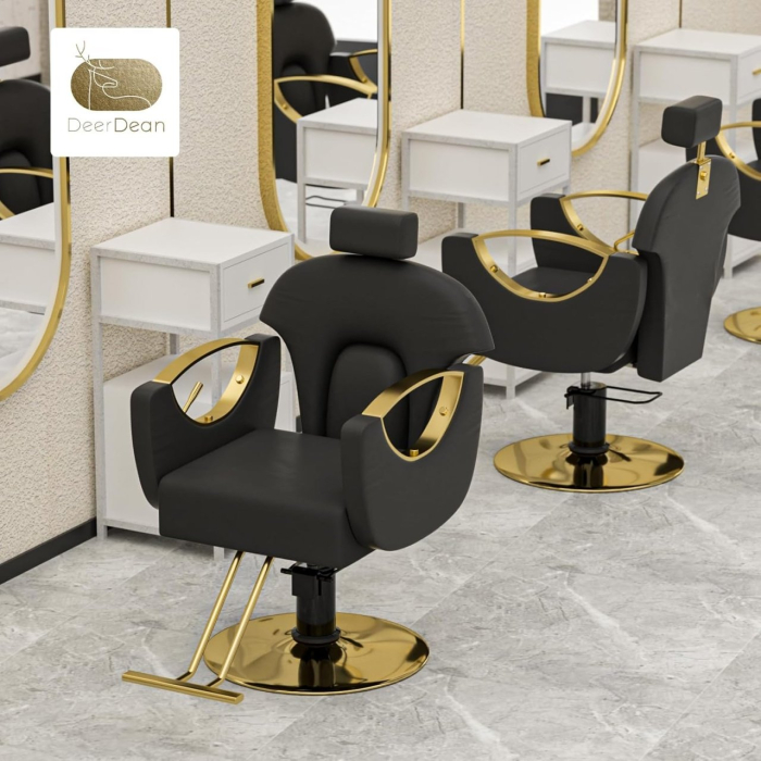 Set Scafa cu 2 scaune frizerie, rabatabile cu tetiera, negru cu auriu, 2 oglinzi LED si ucenic [5]