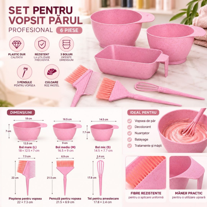 Set vopsit parul, 3 boluri gradate cu 3 pensule pentru vopsea de par, Roz pastel [2]