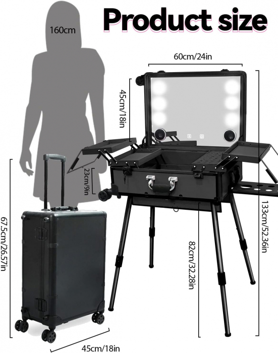 Statie machiaj portabila, profesionala, mare, LED, neagra, cu boxa, USB, Bluetooth, Radio [5]