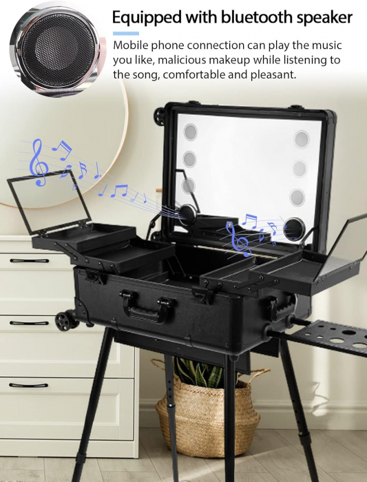 Statie machiaj portabila, profesionala, mare, LED, neagra, cu boxa, USB, Bluetooth, Radio [7]