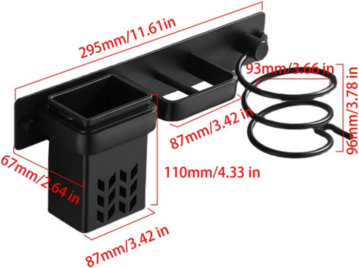 Suport de perete pentru uscator, placa de par, organizator frizerie, negru, 29x7x12cm [10]