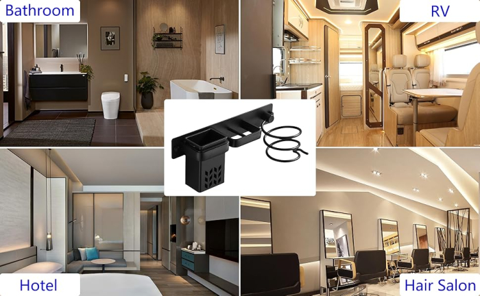 Suport de perete pentru uscator, placa de par, organizator frizerie, negru, 29x7x12cm [2]