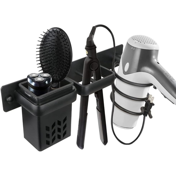 Suport de perete pentru uscator, placa de par, organizator frizerie, negru, 29x7x12cm [1]
