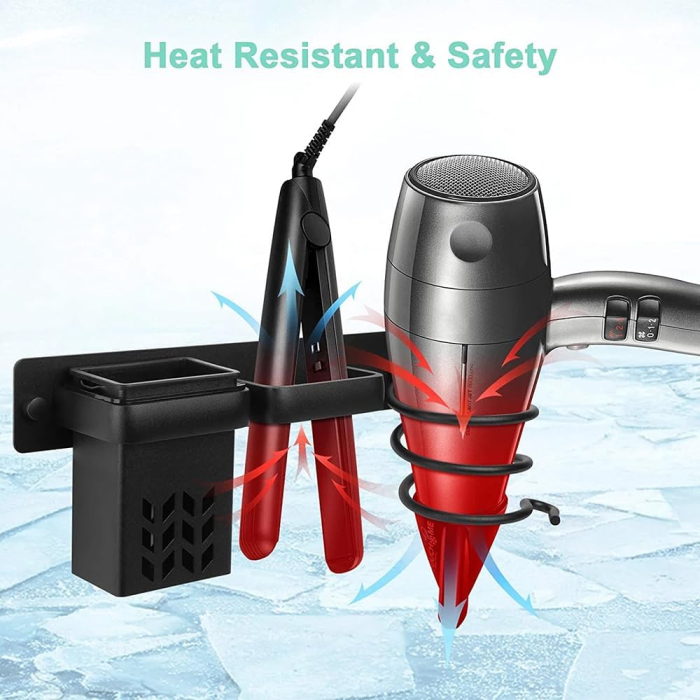 Suport de perete pentru uscator, placa de par, organizator frizerie, negru, 29x7x12cm [7]