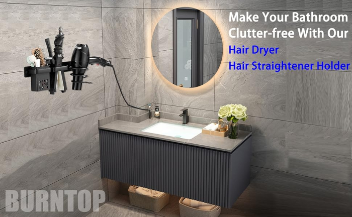 Suport de perete pentru uscator, placa de par, organizator frizerie, negru, 29x7x12cm [9]