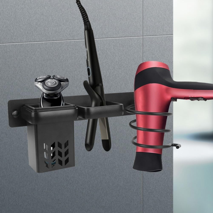 Suport de perete pentru uscator, placa de par, organizator frizerie, negru, 29x7x12cm [4]