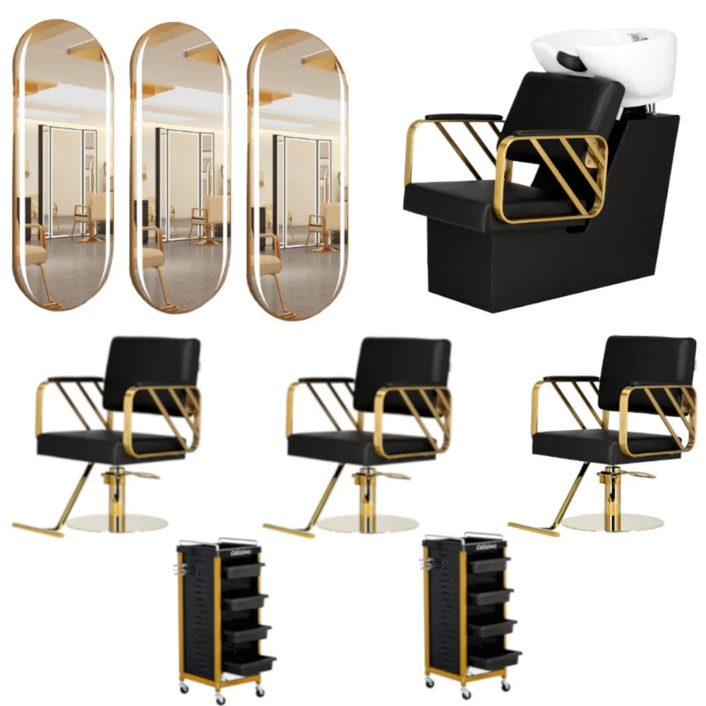 Mobilier Salon · Seturi - Set Mobilier salon frizerie cu 3 scaune coafor, 1 scafa, 3 oglinzi Led cu Auriu, 2 ucenici