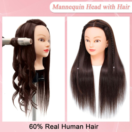 Cap de practică manechin cu păr natural uman, 55 cm, termorezistent, saten – ideal pentru tuns și coafat [2]