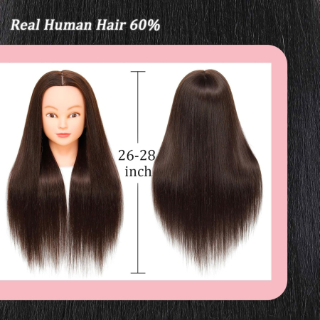 Cap de practică manechin cu păr natural uman, 55 cm, termorezistent, saten – ideal pentru tuns și coafat [1]