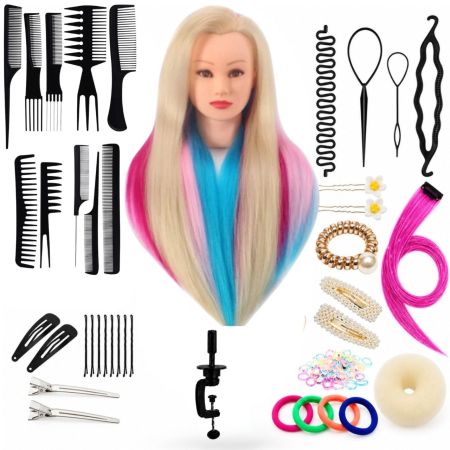 Coafor si Frizerie - Cap de practică manechin cu păr sintetic 60 cm blond cu suvite albastre si fuxi– pentru tuns, coafat, împletituri, accesorii incluse