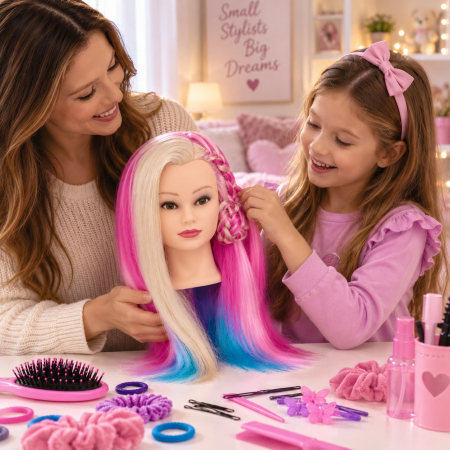 Cap de practică manechin cu păr sintetic 60 cm blond cu suvite albastre si fuxi– pentru tuns, coafat, împletituri, accesorii incluse [3]