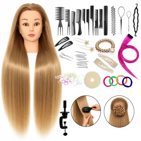 Cap de practică manechin cu păr sintetic 60 cm blond – pentru tuns, coafat, împletituri, accesorii incluse + suport de masă [1]
