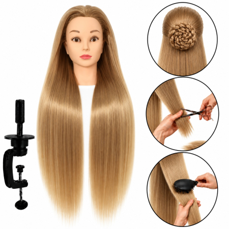Cap de practică manechin cu păr sintetic 60 cm blond – pentru tuns, coafat, împletituri, accesorii incluse + suport de masă [3]