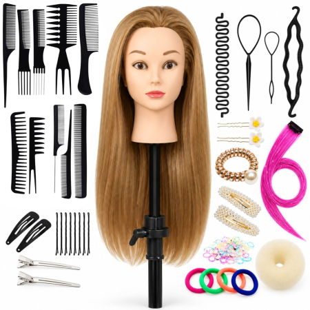 Coafor si Frizerie - Cap de practică manechin cu păr sintetic 60 cm blond – pentru tuns, coafat, împletituri, accesorii incluse + suport de masă