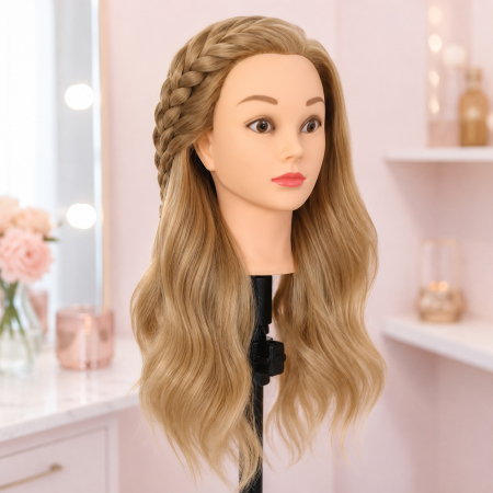 Cap de practică manechin cu păr sintetic 60 cm blond – pentru tuns, coafat, împletituri, accesorii incluse + suport de masă [7]
