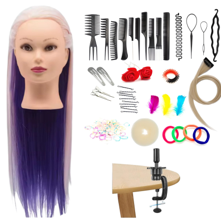 Cap manechin - Cap practica manechin cu par sintetic, 60 cm, roz cu suvite mov, cu accesorii incluse