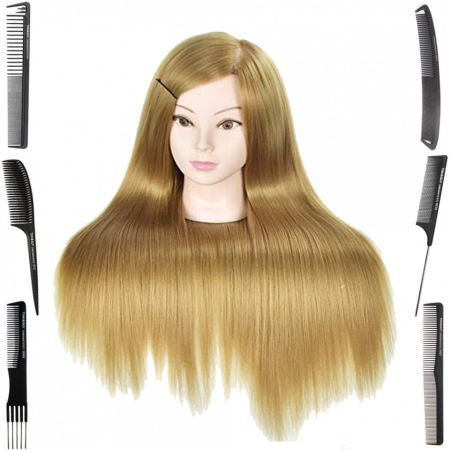 Cap practica manechin salon frizerie coafor Lung Des Sintetic 55cm Blond + 6 Piepteni carbon [5]