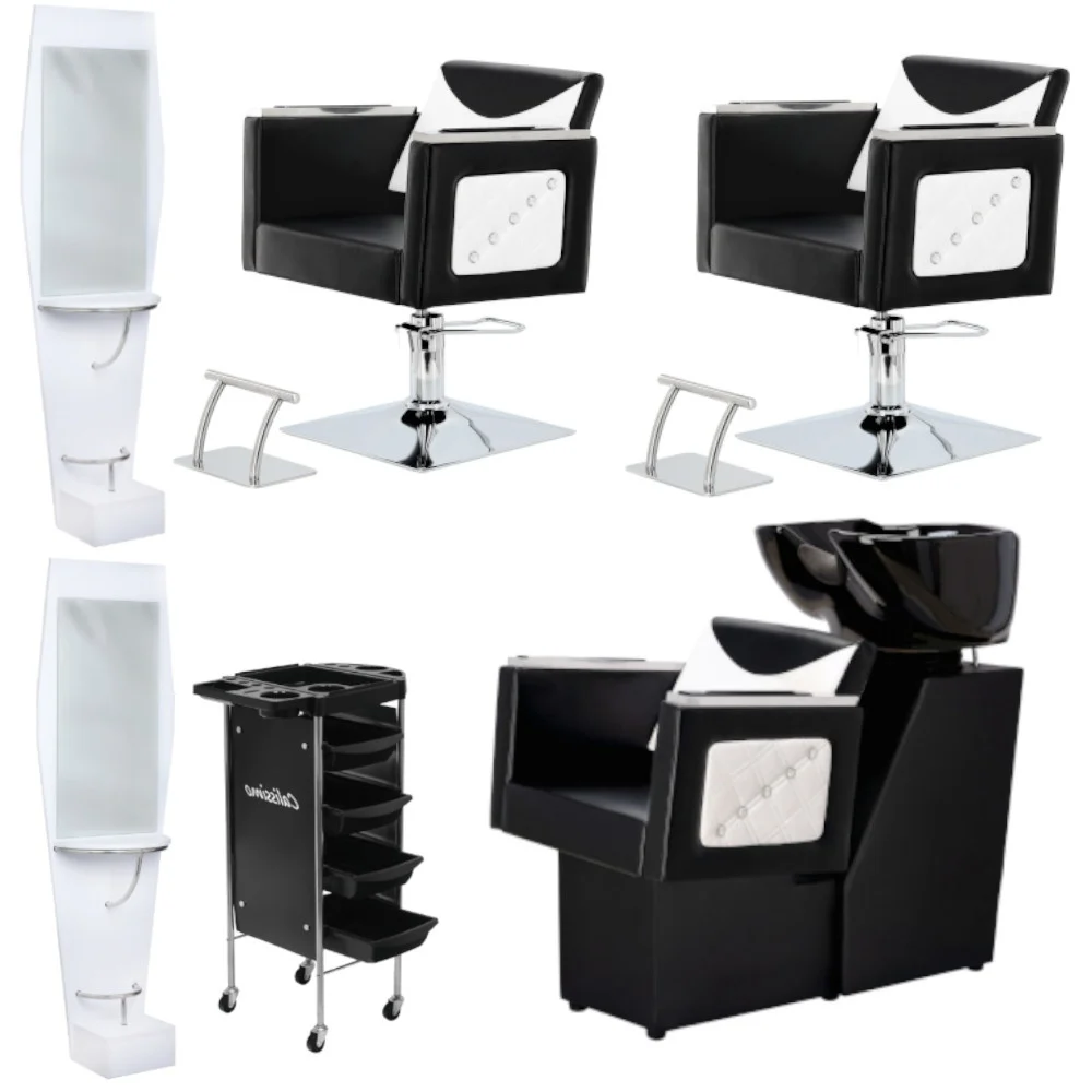 Mobilier Salon · Seturi - Dotare salon coafor cu 2 scaune, post de lucru frizerie si scafa profesionala, Negru cu alb, Anna