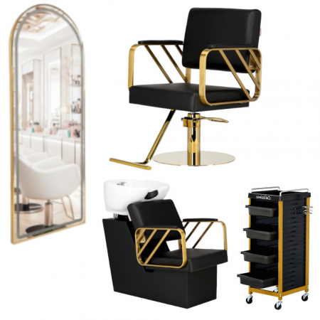 Mobilier Salon · Seturi - Dotare salon coafura cu scaun coafor, scafa, oglinda și ucenic, finisaje aurii, Caroline
