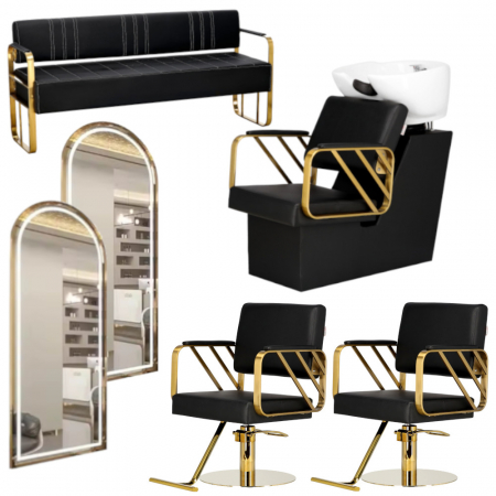 Mobilier Salon · Seturi - Dotari saloane mobilier premium cu doua posturi de lucru, scafa frizerie, doua scaune coafor, canapea receptie
