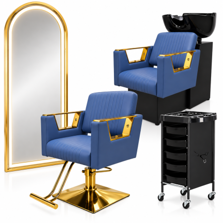 Mobilier frizerie - Dotari saloane – Scafa frizerie, scaun coafor Albastru cu Auriu, Oglinda Led si ucenic