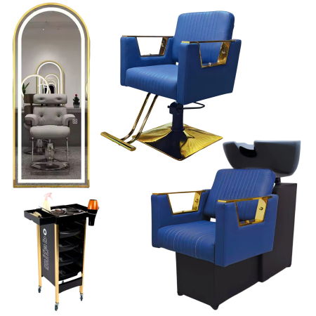 Mobilier frizerie - Dotari saloane – Scafa frizerie, scaun coafor Albastru cu Auriu, Oglinda Led si ucenic