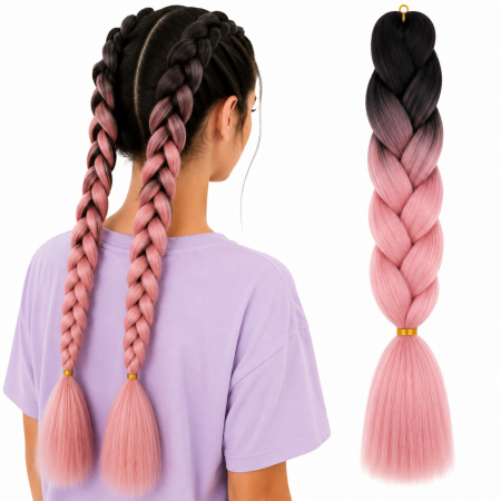 Extensii par sintetic coada jumbo Pink Ombre pentru impletituri negru roz [0]