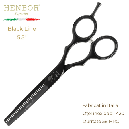 Coafor si Frizerie - Foarfecă de Filat Profesională Henbor Black Line 5.5" – 35 Dinți, Oțel Inoxidabil 420, 58 HRC, Fabricată în Italia