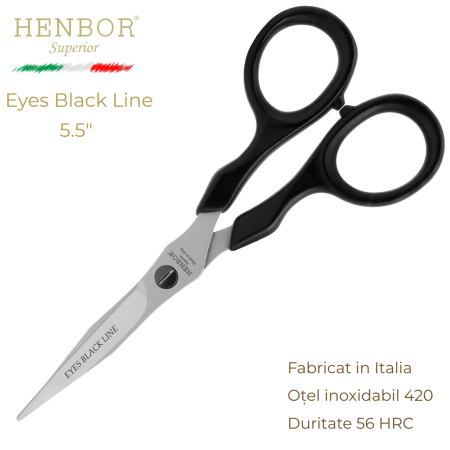 Coafor si Frizerie - Foarfecă de Tuns Profesională Henbor Eyes Black Line Academy 5.5" – Oțel Inoxidabil 420, 56 HRC, Fabricată în Italia