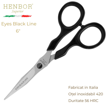 Coafor si Frizerie - Foarfecă Profesională de Tuns Henbor Eyes Black Line Academy 6" – Oțel Inoxidabil 420, Duritate 56 HRC, Fabricată în Italia