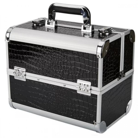 Genti Cosmetice - Geanta cosmetice makeup, neagra, aspect crocodil, 32x21x26cm, pentru manichiuriste