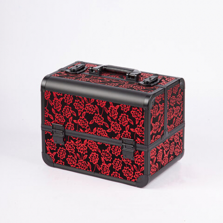 Genti Cosmetice - Geanta makeup profesionala, mare, pentru cosmetice, manichiura, din aluminiu, 36x23x26cm, neagra cu flori rosii