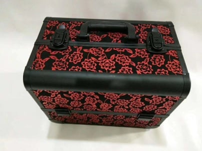 Geanta makeup profesionala, mare, pentru cosmetice, manichiura, din aluminiu, 36x23x26cm, neagra cu flori rosii [1]