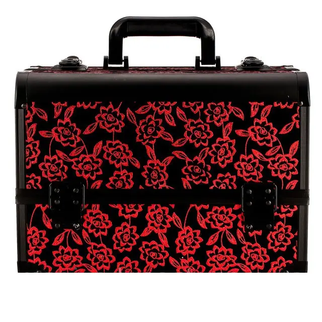 Geanta makeup profesionala, mare, pentru cosmetice, manichiura, din aluminiu, 36x23x26cm, neagra cu flori rosii [2]