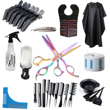 Coafor si Frizerie - Kit frizerie coafor cu foarfeca tuns filat curcubeu brici din inox, pieptan barba, manta, pelerina Davis