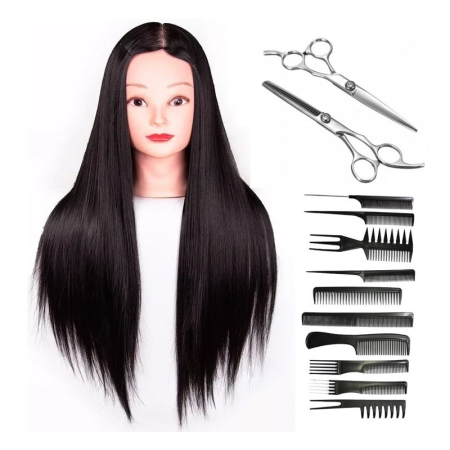 Cap manechin - Kit frizerie pentru incepatori cu foarfeca tuns filat si manechin coafor, Brunet, Hair School - 02
