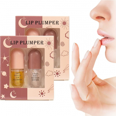 Seturi cosmetice - Lip oil tratament de buze cu efect de marire si hidratare de zi si noapte, set 2 bucati