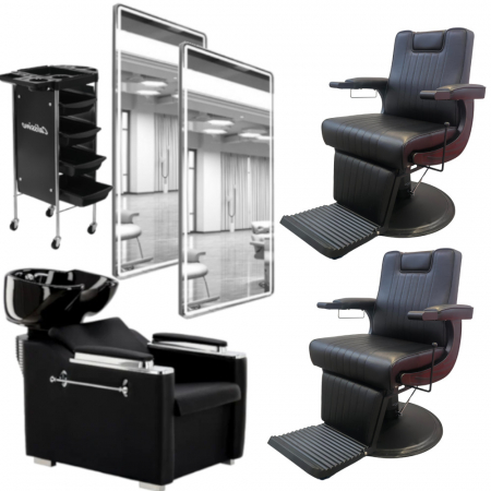 Mobilier Salon · Seturi - Mobilier barber shop cu doua scaune frizerie, rabatabile, doua oglinzi frizerie si scafa profesionala