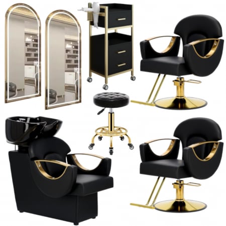 Mobilier Salon · Seturi - Mobilier coafor cu 2 scaune frizerie negre aurii si scafa coafor profesionala
